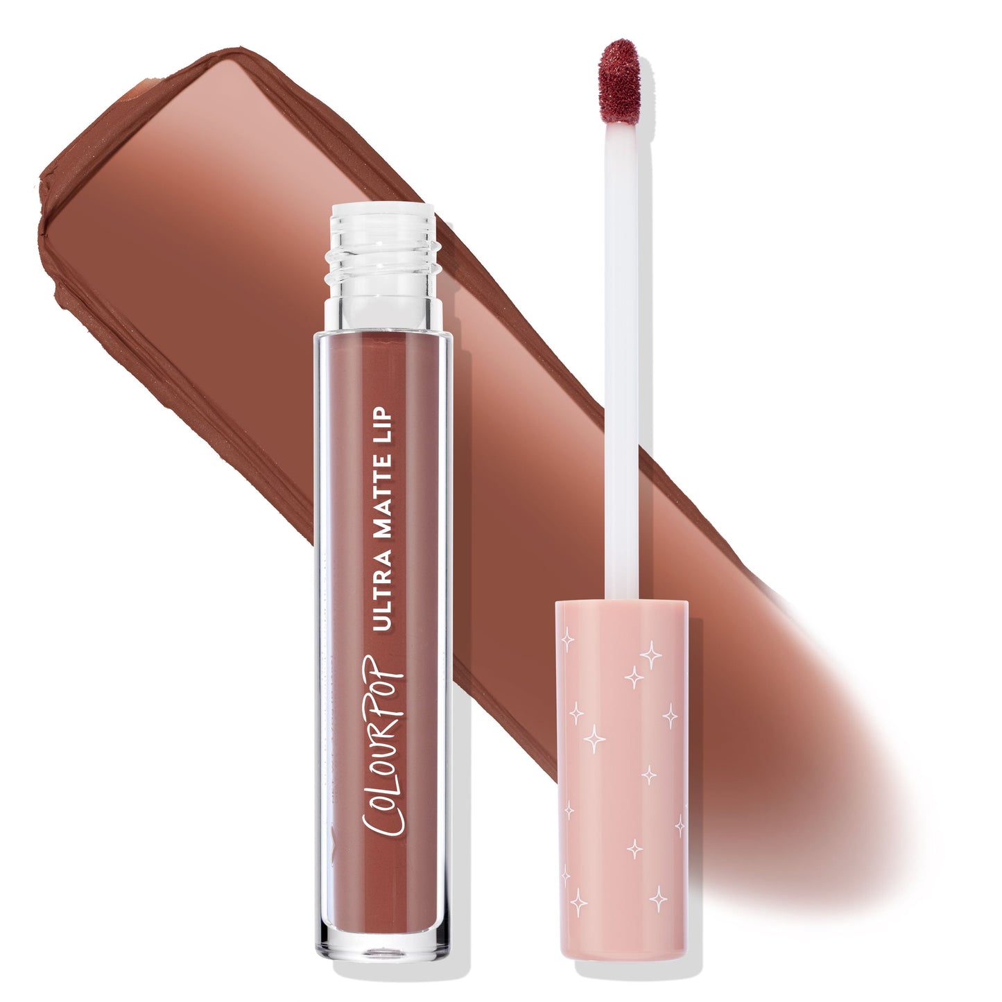 ColourPop Beeper Ultra Matte Lip, a clear tube and doe-foot wand showing a cool-toned rosy brown liquid lipstick, with a broad swatch behind; white logo on tube and peach cap with star accents on a white background.