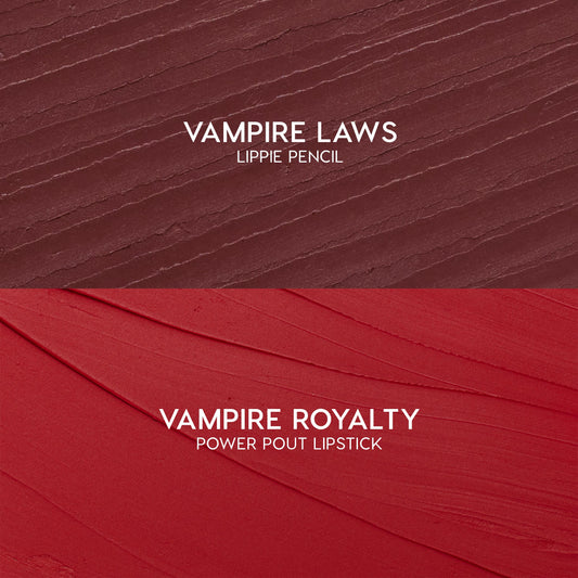ColourPop Power Pout Lipstick swatch in Vampire Royalty sweeps in velvety red strokes, shown with the matching Vampire Laws Lippie Pencil swatch above as the You Can't Trust Vampires kit, highlighting bold, creamy color payoff.