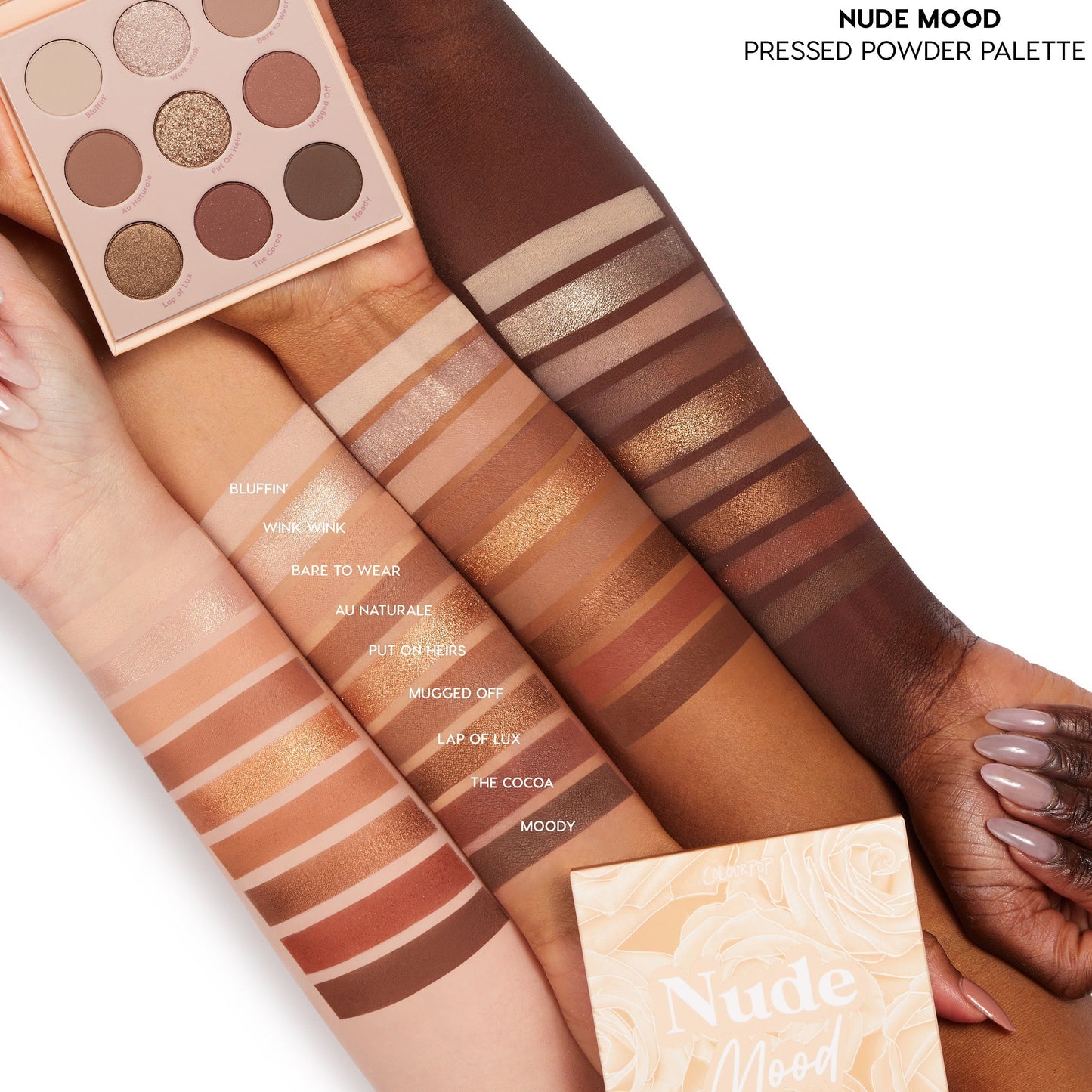 Blushing Nude ColourPop Shadow Palette Set showing a 9‑pan nude palette with arm swatches across light, medium, and deep skin, featuring matte and shimmer shades from ivory to cocoa with gold sparkle, incl. Bluffin’, Wink Wink, Lap of Lux, The Cocoa.