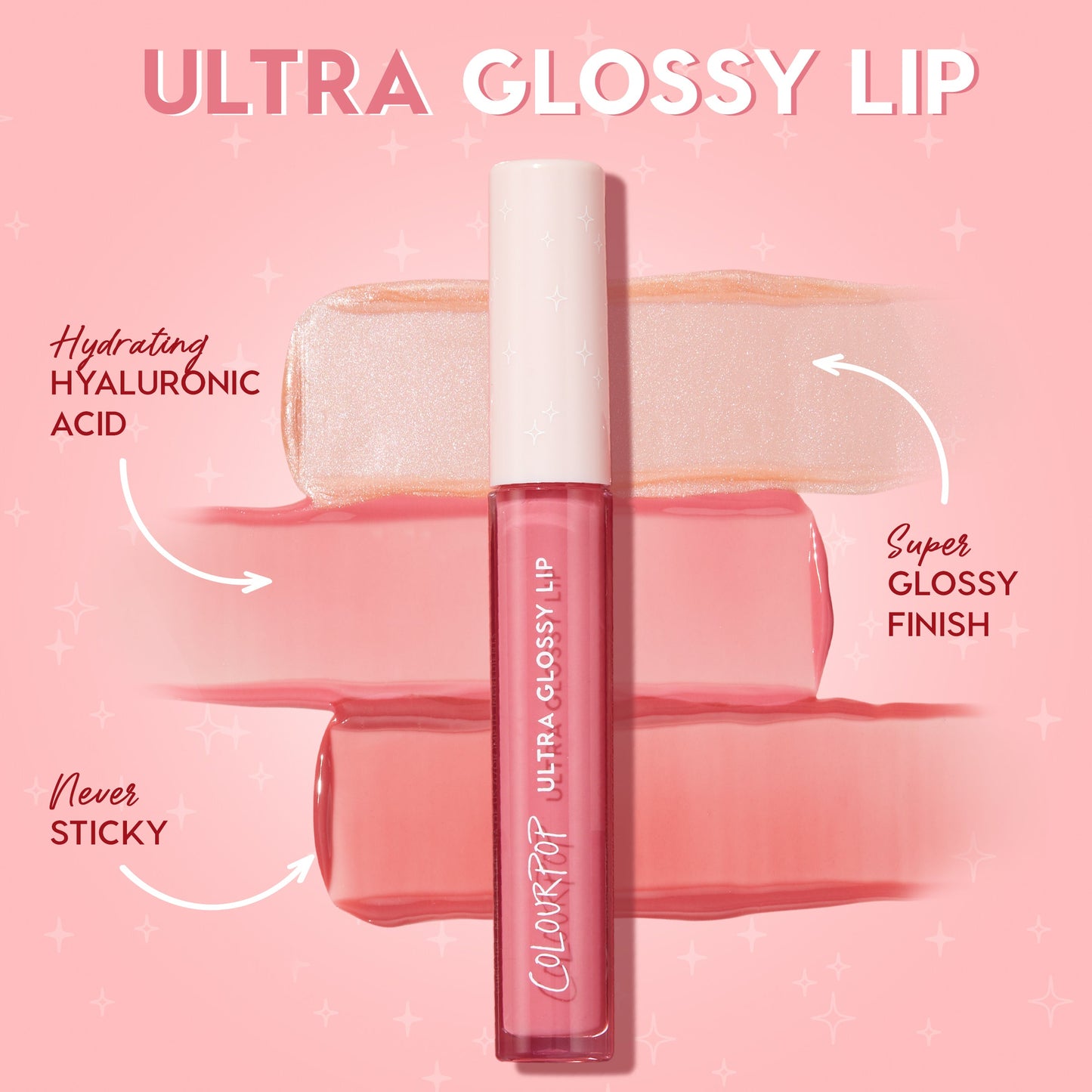 ColourPop Ultra Glossy Lip It Girl stands upright in a pink tube with white cap over pearl and rose swatches, spotlighting hydrating hyaluronic acid, a super glossy finish, and a never-sticky feel on a pink, starry promotional background.