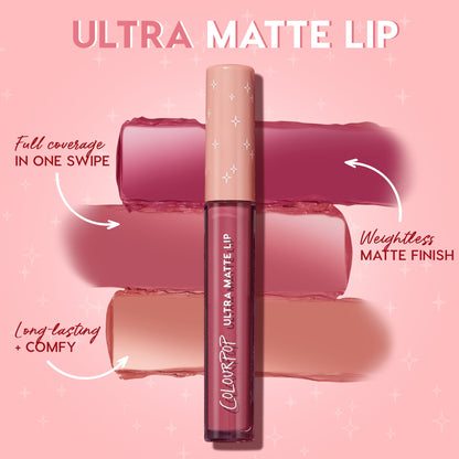 ColourPop Ultra Matte Lip in Toast stands centered over three lipstick swatches, highlighting full-coverage, weightless matte payoff; long-lasting, comfy nude-rose shade with peachy undertones on a pink starry background.