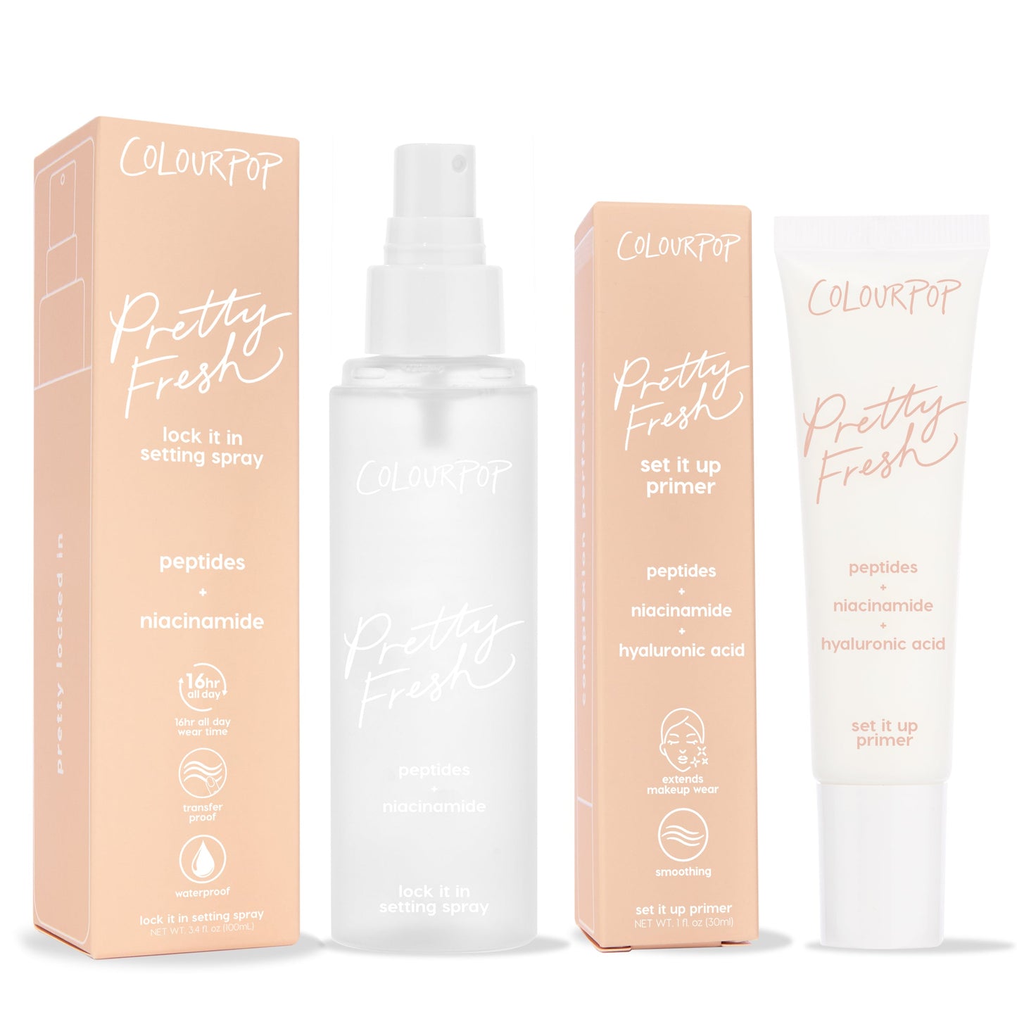 ColourPop Face Set Hydrating Prime + Set features Pretty Fresh set it up primer (peptides, niacinamide, hyaluronic acid) and lock it in setting spray (peptides, niacinamide), standing with peach boxes on a white background, promoting 16-hour, transfer-proof wear.