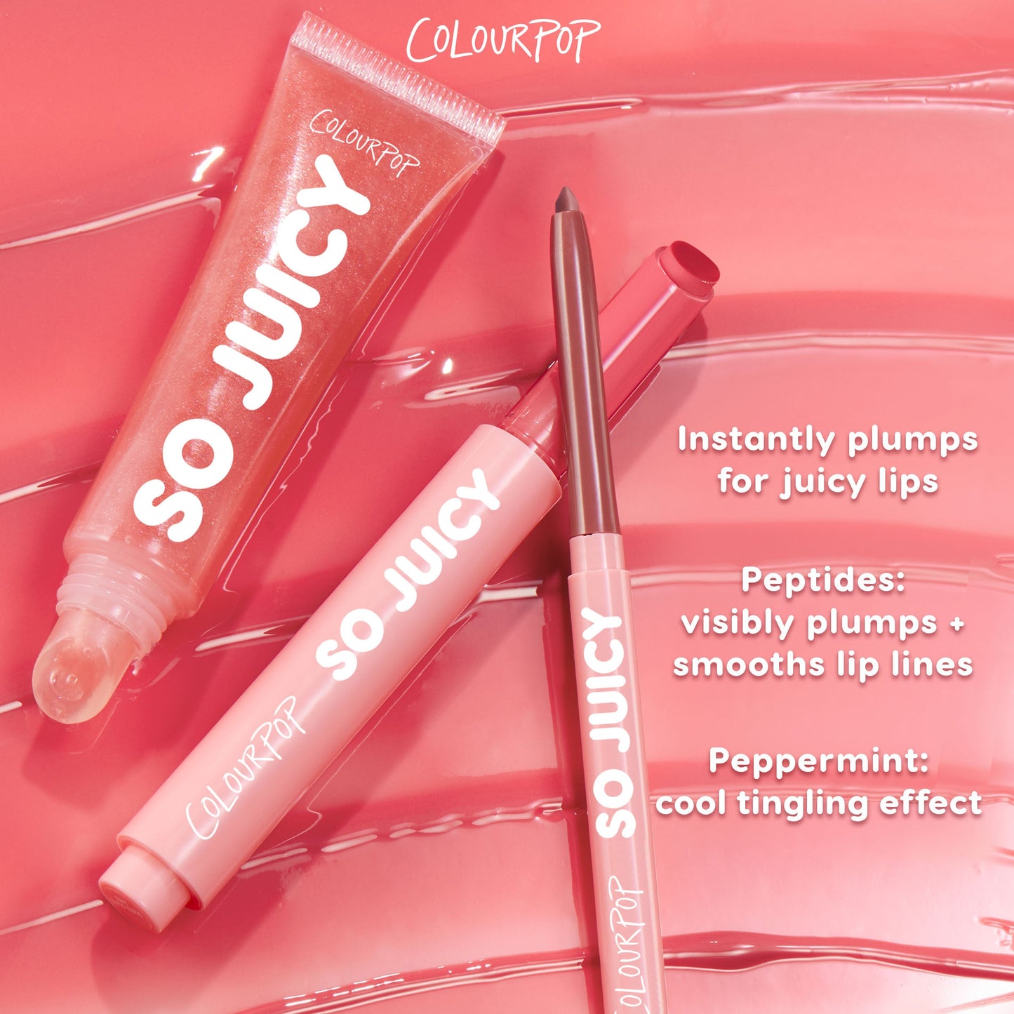 So Juicy Plumping Lip Liner with Peptides in Tease by ColourPop sits uncapped to show its rosy tip, promoting plumping peptides and peppermint tingle, on a glossy pink backdrop with a matching So Juicy gloss and callouts for juicy, smoothed lips.