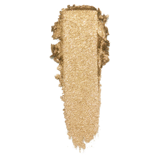 ColourPop Cheap Date Super Shock Shadow swatch - warm metallic gold eyeshadow smeared in a single vertical stroke, showcasing fine sparkle and creamy texture, against a clean white background.