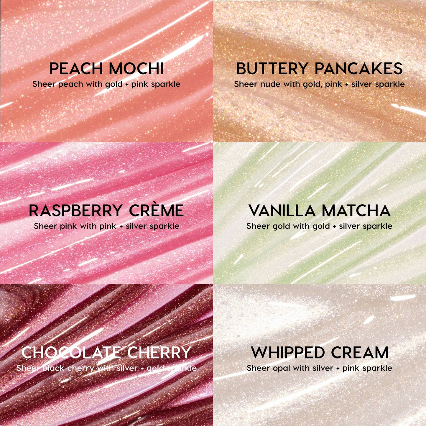 Shine. Shimmer. Repeat. full collection set of Colourpop Fresh Kiss Glossy Balm swatches in a value set grid, showing six pearly shades—Peach Mochi, Buttery Pancakes, Raspberry Crème, Vanilla Matcha, Chocolate Cherry, and Whipped Cream—each labeled with its sheer, sparkly finish.