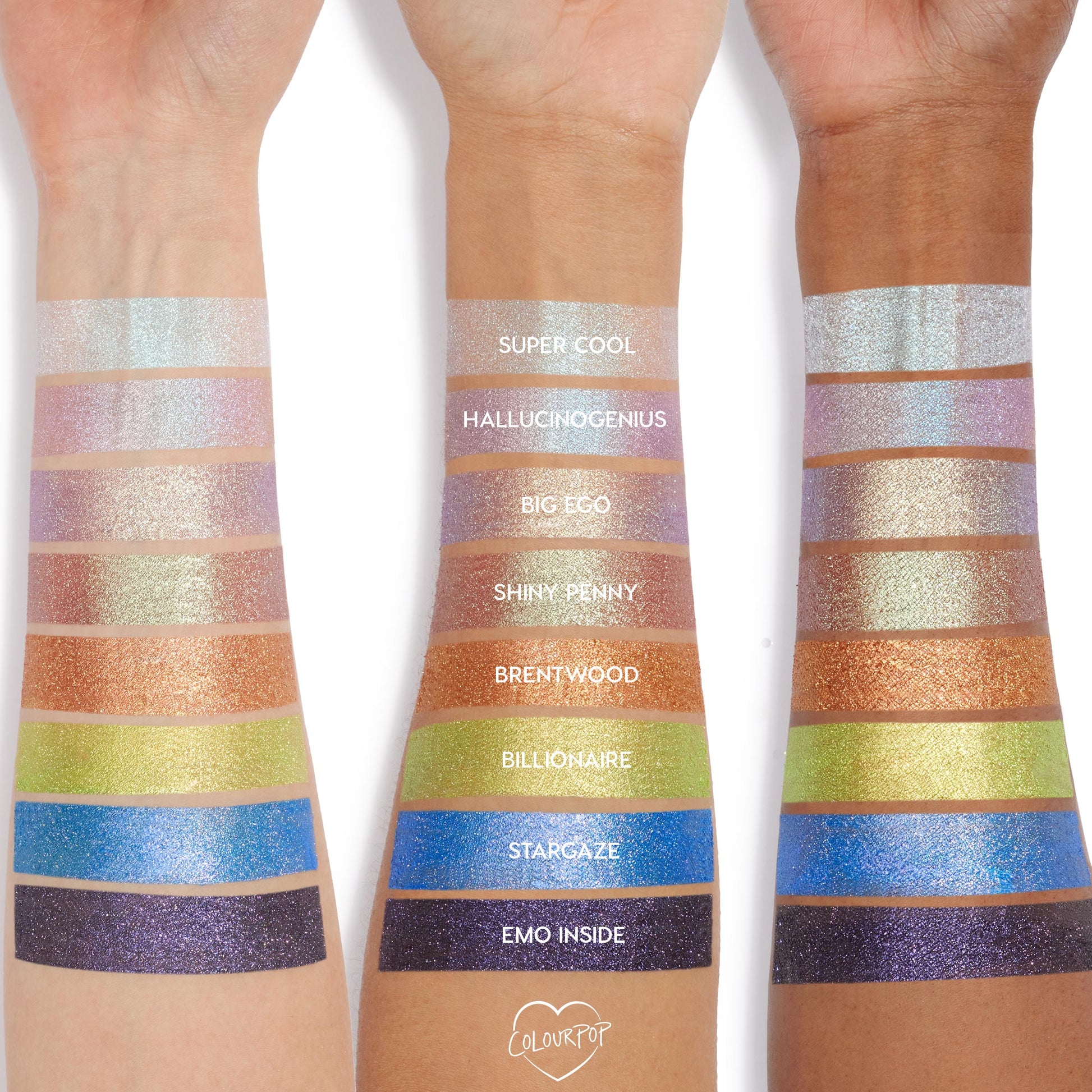 Hallucinogenius ColourPop Jelly Much Shadow swatch - iridescent lavender with blue shimmer - displayed across three forearms alongside Super Cool, Big Ego, Shiny Penny, Brentwood, Billionaire, Stargaze, and Emo Inside for shade comparison.
