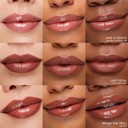 Lips showcase nude-rose tones in a 3x3 grid, swatched on multiple skin tones to show glossy and satin finishes, highlighting ColourPop Kind at Heart Lip & Cheek Set pigmentation and shine in studio lighting.