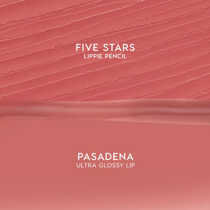 Dream Duo ColourPop Ultra Lip Duo swatches show Five Stars Lippie Pencil's matte rose-pink texture above Pasadena Ultra Glossy Lip's smooth shine, displayed as split swatches for shade reference on a clean background.