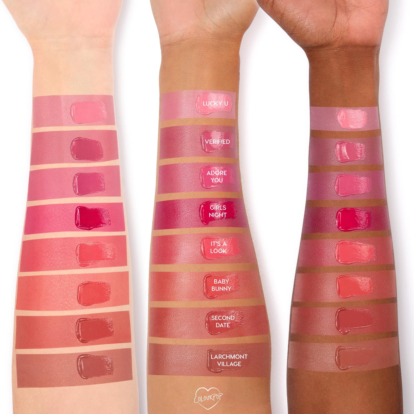 Adore You ColourPop Lip and Cheek Balm swatched on three forearms of different skin tones, a glossy rosy pink square among vertically stacked labeled shades, showing creamy, buildable color and dewy shine.