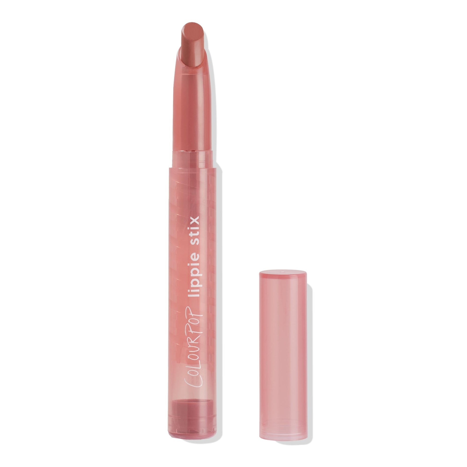 ColourPop Lippie Stix in Oh Snap, a dusty rose nude, shown with the slanted bullet twisted up and the cap set beside it, housed in a translucent pink tube on a white background.