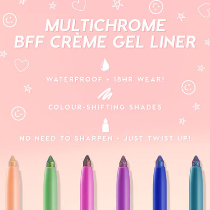 ColourPop Crème Gel Liner in Good Shift glides out as a twist-up, multichrome, color-shifting eyeliner with a shimmering tip, shown on a pink promo with waterproof and 18-hour wear claims alongside other vibrant liner shades.