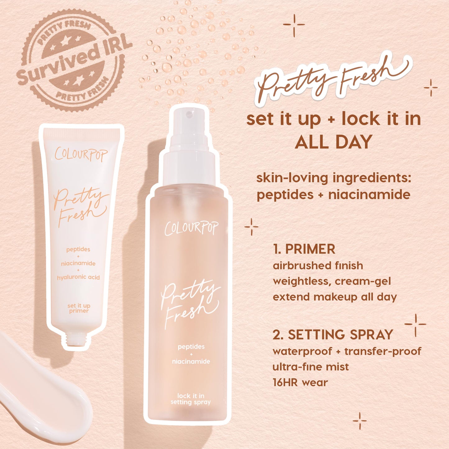 Set It Up Pretty Fresh Primer stands upright on a soft-peach background beside a matching lock it in setting spray; ColourPop Pretty Fresh Primer packaging spotlights peptides and niacinamide for a weightless, airbrushed base.