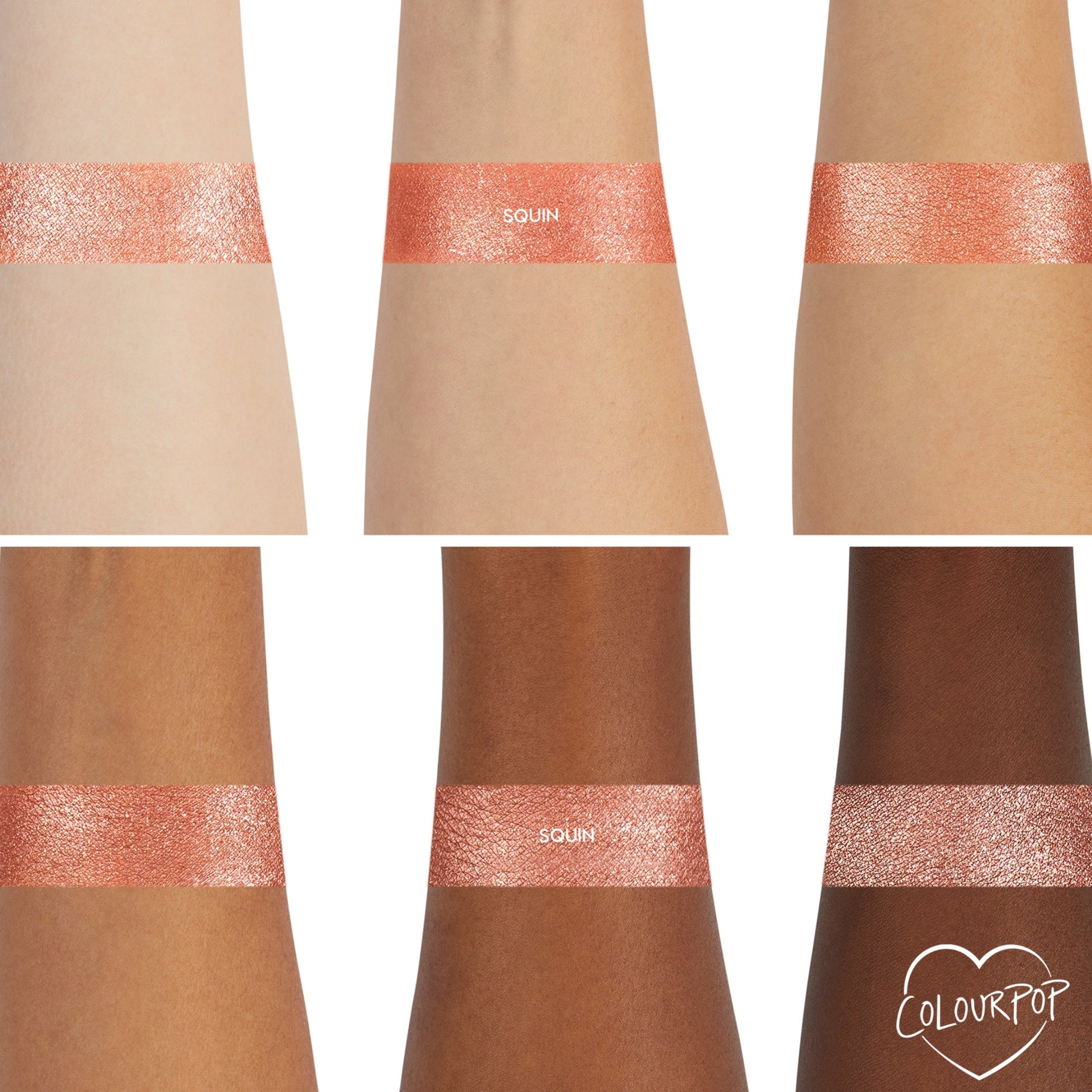 Sequin Super Shock Shadow swatch gleams across six forearms, showing smooth, opaque payoff on light to deep skin tones; a metallic rose‑gold copper shimmer band on each arm, with the ColourPop heart logo in the bottom right.