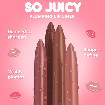 ColourPop So Juicy Plumping Lip Liner with Peptides in Slay, a twist-up, no-sharpen lip pencil, stands with dewy droplets among nude and brown shades on a pink backdrop, highlighting shape-and-define benefits for visibly plumped lips.
