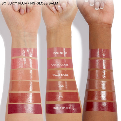 Glossy swatches of Glazed Pout from the ColourPop So Juicy Plumping Lip Liner & Balm Set glide across three forearms, showing shades Dolled Up, Guava Glaze, Vacay Mode, Doe, PSL, and Berry Spritz on light to deep skin tones against a white backdrop.