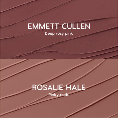 Opposites Attract Lippie Stix swatches showing two Twilight-inspired lip colors: Emmett Cullen in deep rosy pink on top and Rosalie Hale in pinky nude on bottom, both smeared in smooth diagonal strokes on a textured background.
