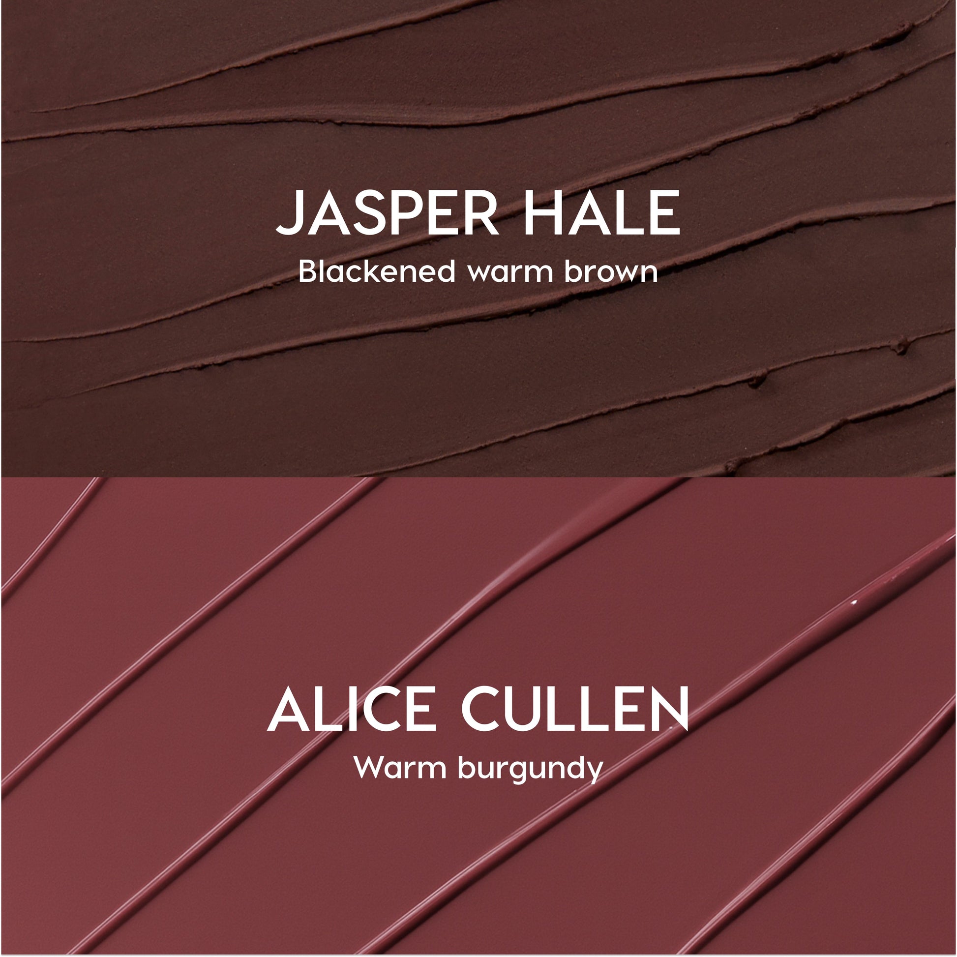 ColourPop New Love Lippie Stix swatched in two Twilight-inspired shades, Jasper Hale in blackened warm brown and Alice Cullen in warm burgundy, shown as creamy lipstick streaks on a split background for comparison.