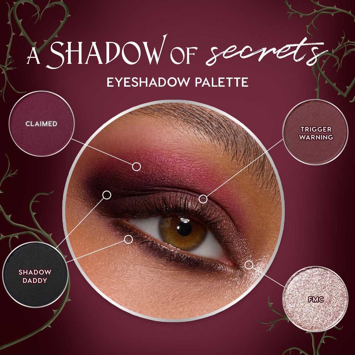 Close-up hazel eye wears burgundy-to-black smoky shadow with pink shimmer, labeled Claimed, Trigger Warning, Shadow Daddy, and FMC, on a maroon backdrop - showcasing the A Shadow of Secrets Collection palette in the ColourPop Full Collection Set.