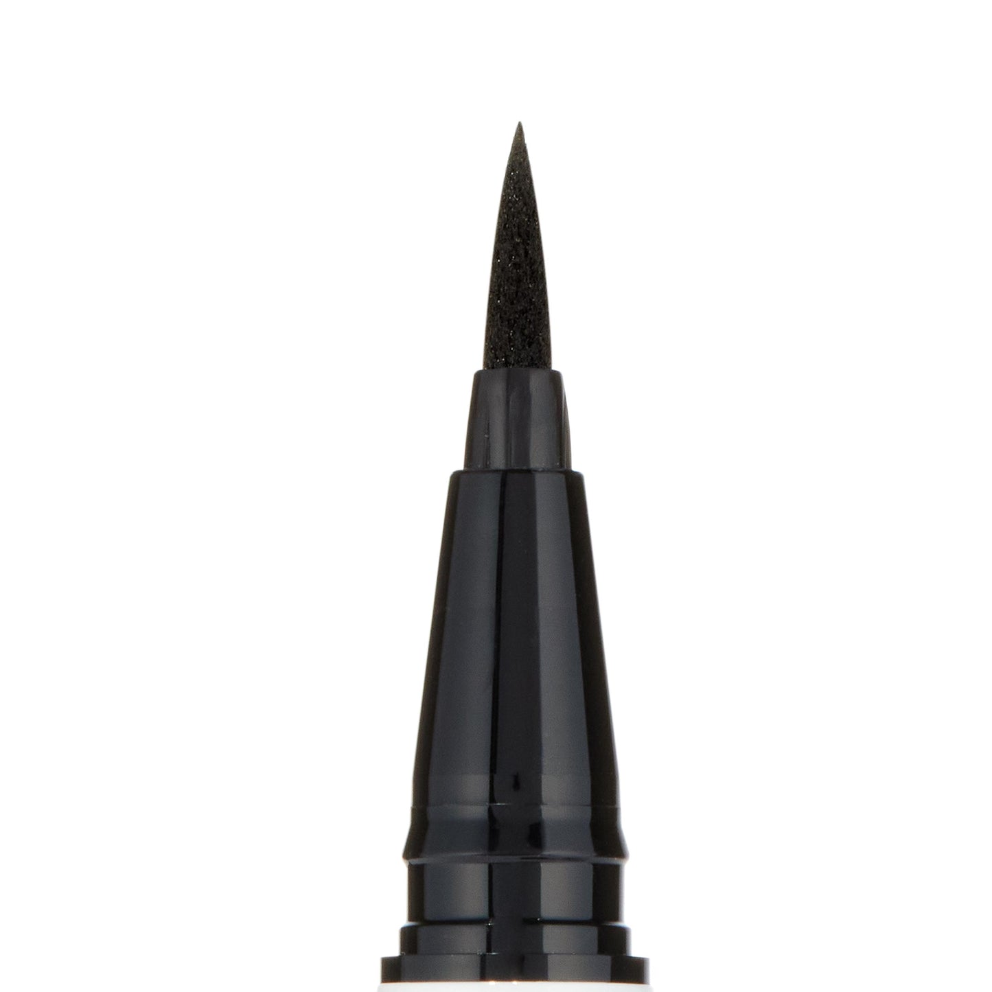 Felt-tip applicator delivering precise black lines, shown as a close-up of the ColourPop BFF Liquid Liner in Numero Uno, with the sharp black tip and glossy black pen housing centered against a clean white background.